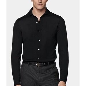 Suitsupply Black Merino Wool Long Sleeve Polo Cardigan Mens Med Button Up Shirt